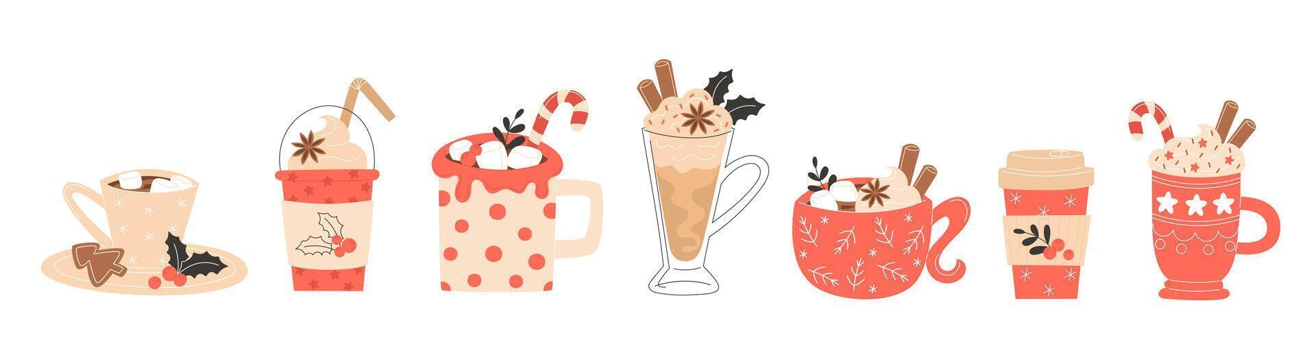 Cafe Christmas Hot Beverage Set with Lattes, Coffee, Hot Chocolate, Cocoa, Anise, and Gingerbread vector