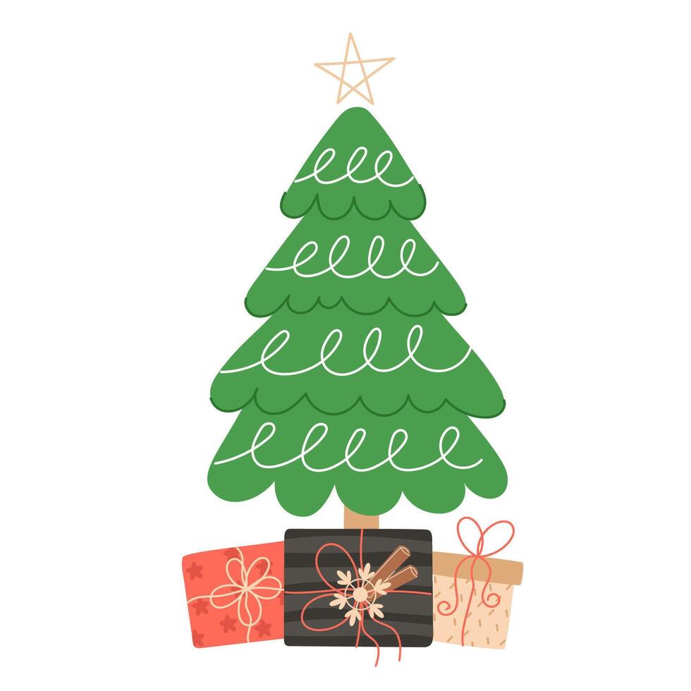 Decorated Christmas Tree with Gift Boxes Underneath vector
