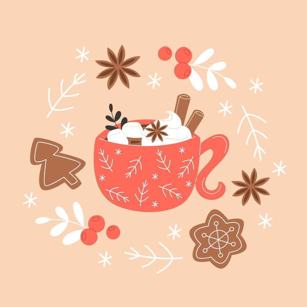 Cafe Christmas Mug with Hot Beverage and Cream vector