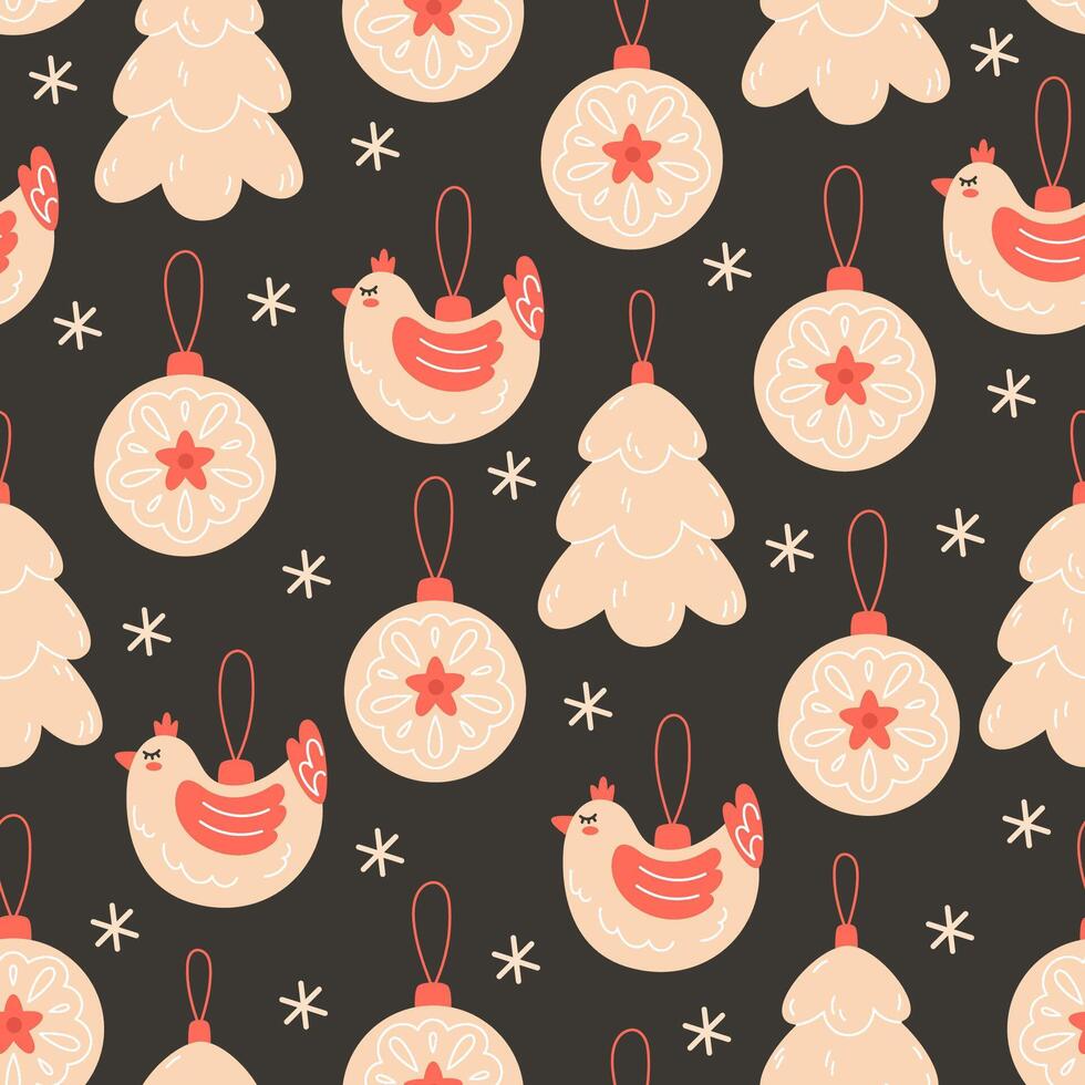 Seamless Pattern with Christmas Tree Glass Ornaments on dark background vector