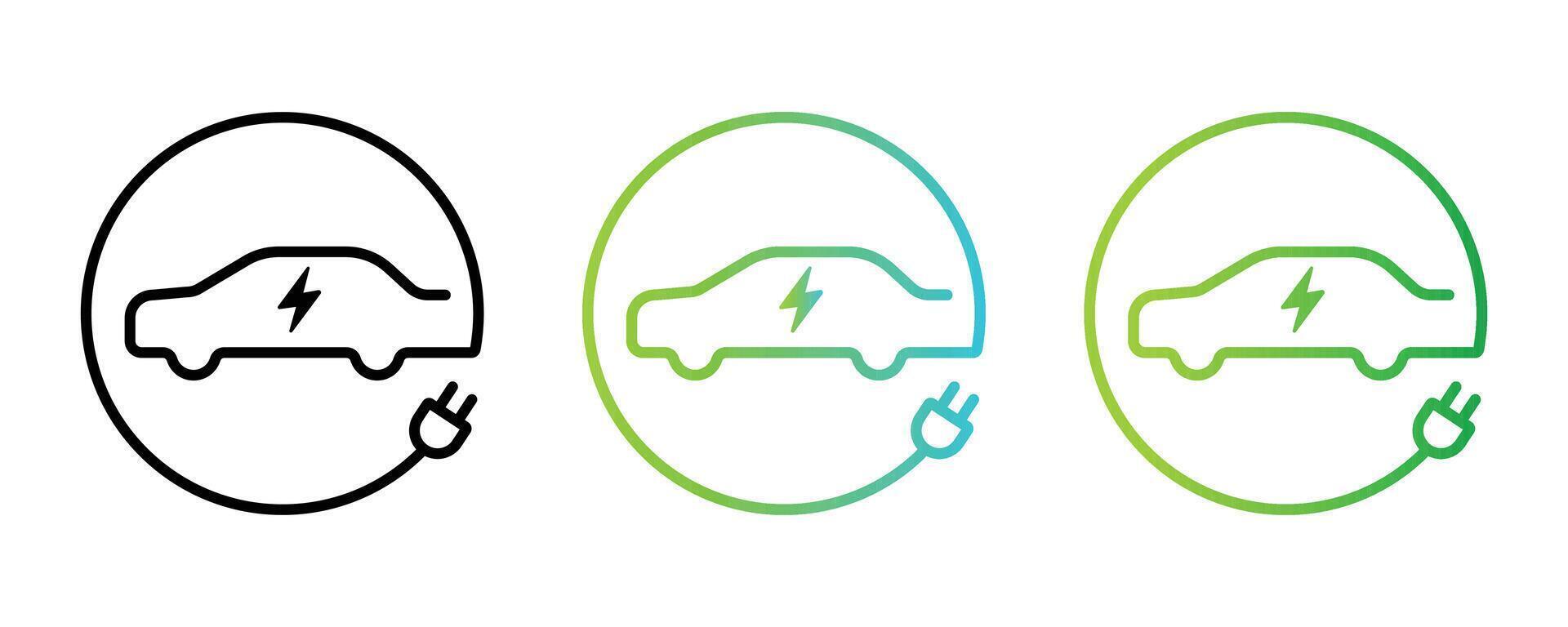 Electric car with plug icon line symbol. EV car. Eco friendly vehicle concept with gradient green and blue. vector