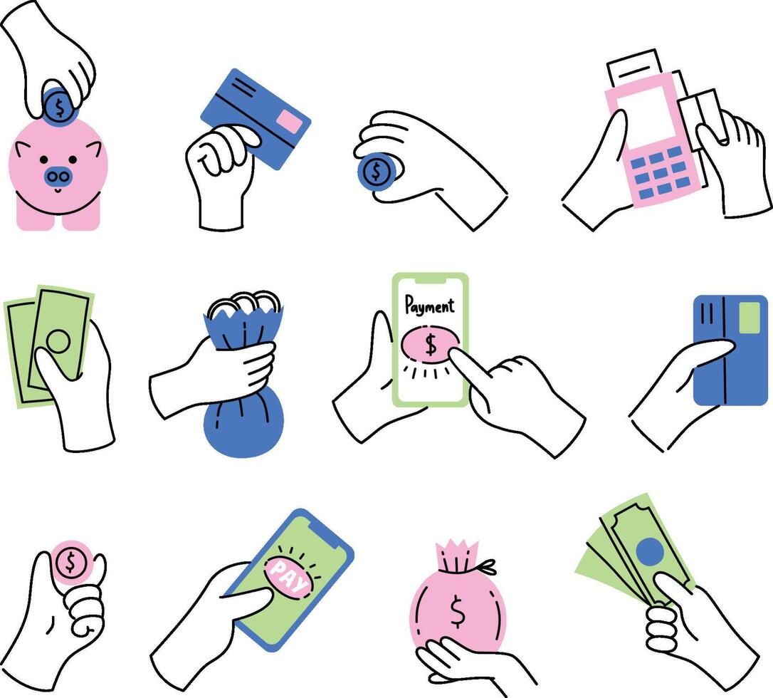 A playful set of finance hand gesture icons in minimalist line art for digital transactions, payments, and savings. vector