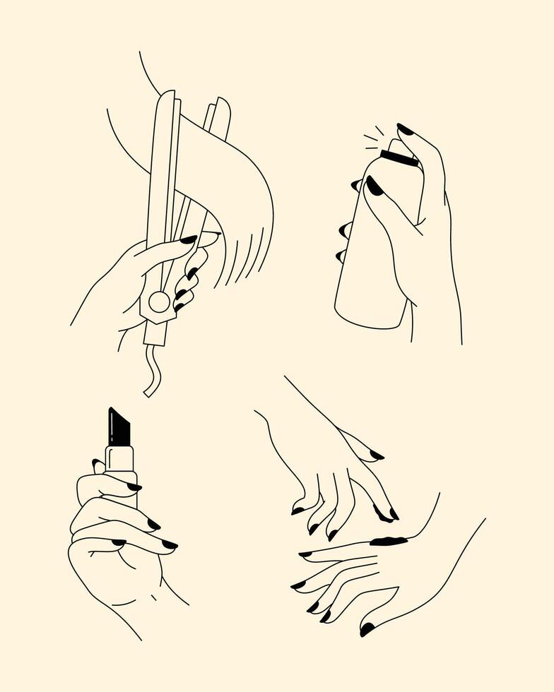 A set of minimalist line art illustrations showcasing hand gestures related to beauty, skincare, and makeup routines. vector