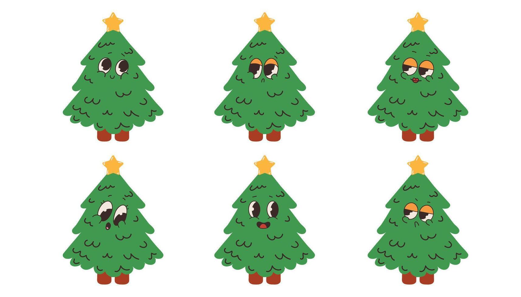 Set of cute cartoon Christmas trees isolated on white background. Groovy. illustration. vector