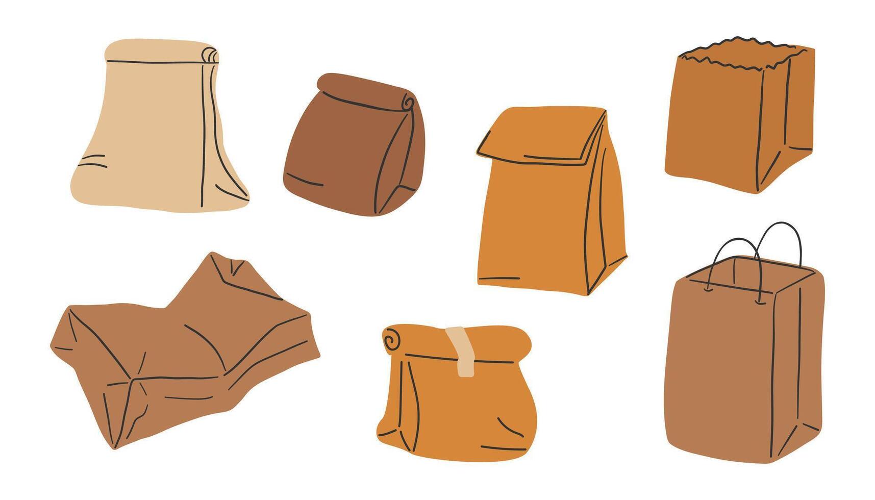 Set of brown paper bags on a white background. illustration of eco friendly paper bag. Kraft paper bag for fast-food delivery. illustration. vector