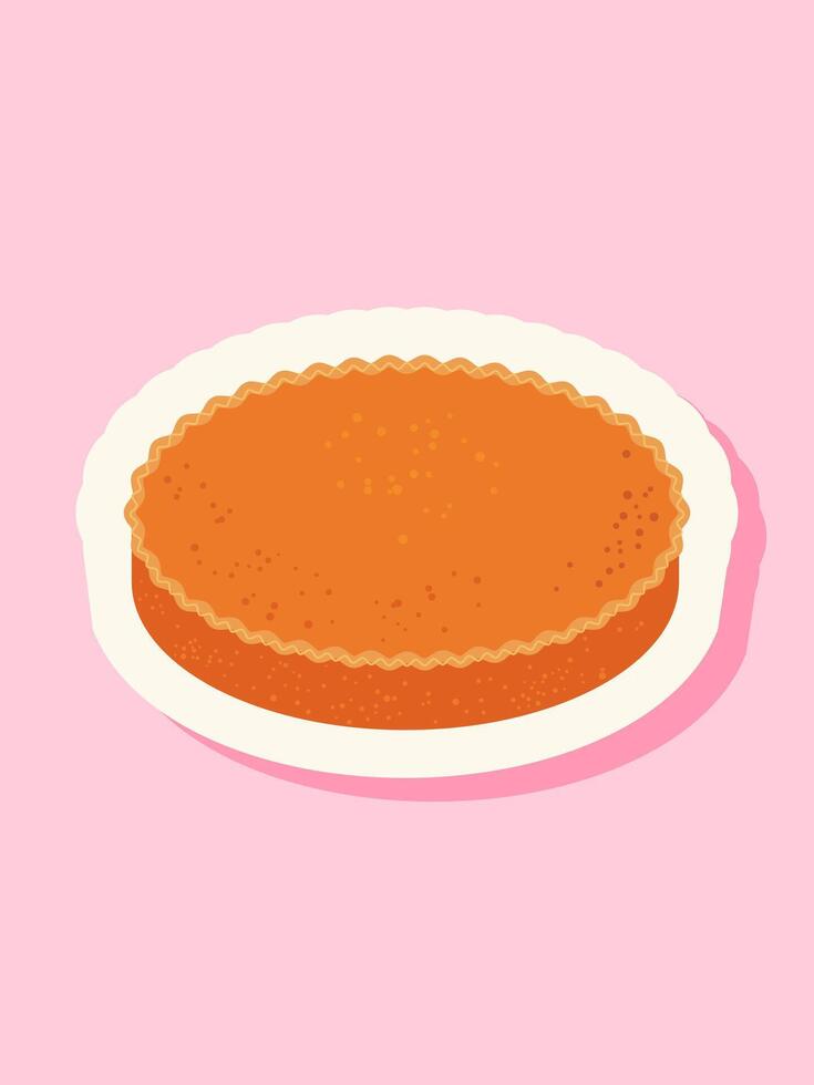 A sticker of a traditional fall pumpkin pie isolated on a light pink banner. vector