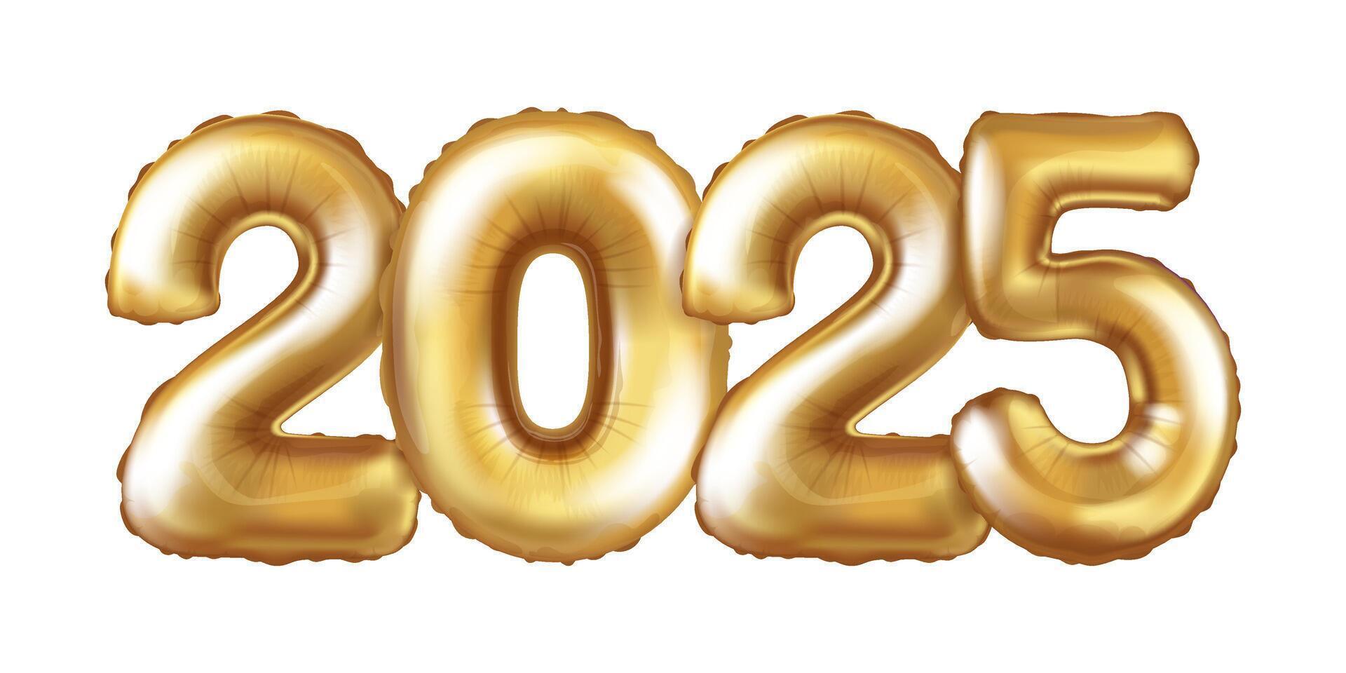 Realistic golden numbers balloons, 2025 year. 3d decorative design elements isolated vector