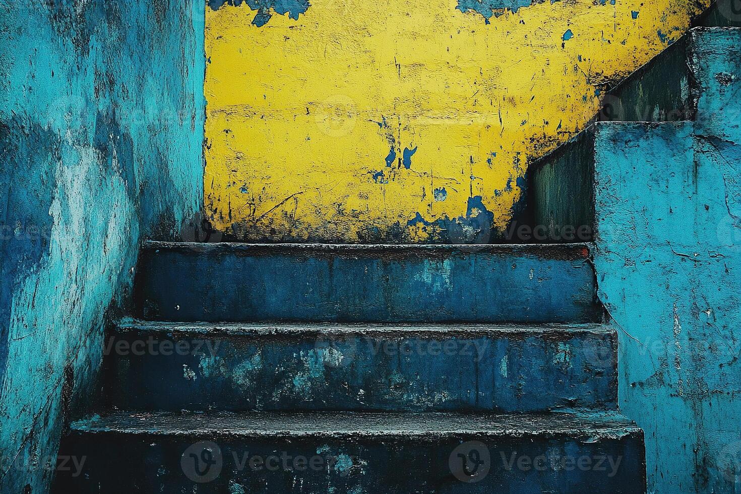 Old blue steps on blue yellow concrete background. Distressed texture adds rustic look to bright scene. Colors of the flag of Ukraine. photo
