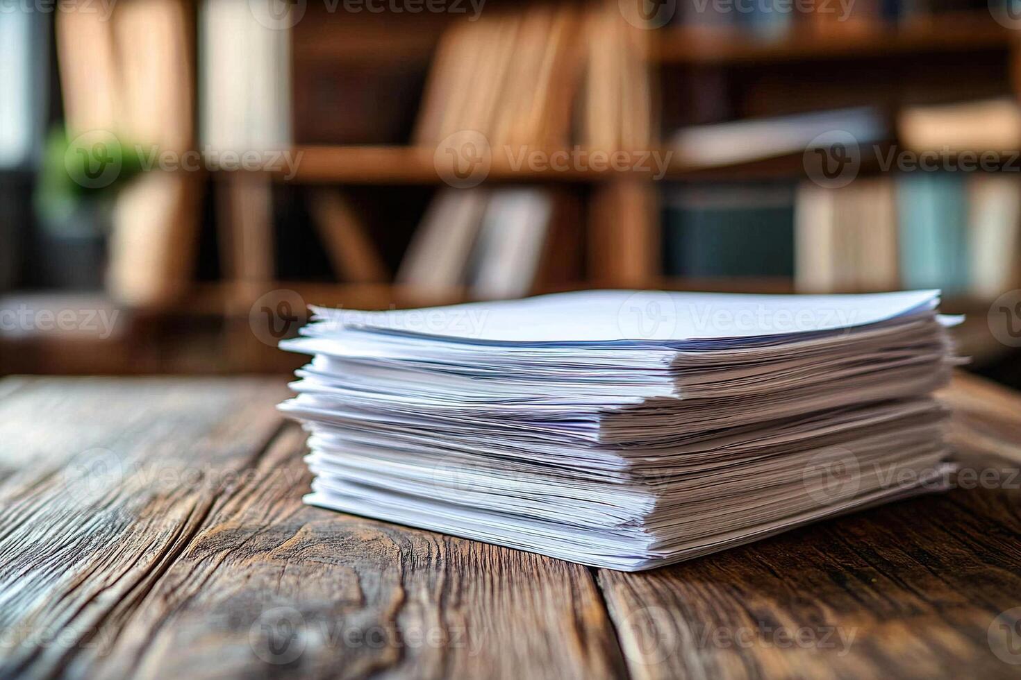 A stack of white paper sheets on a wooden table indoors. photo