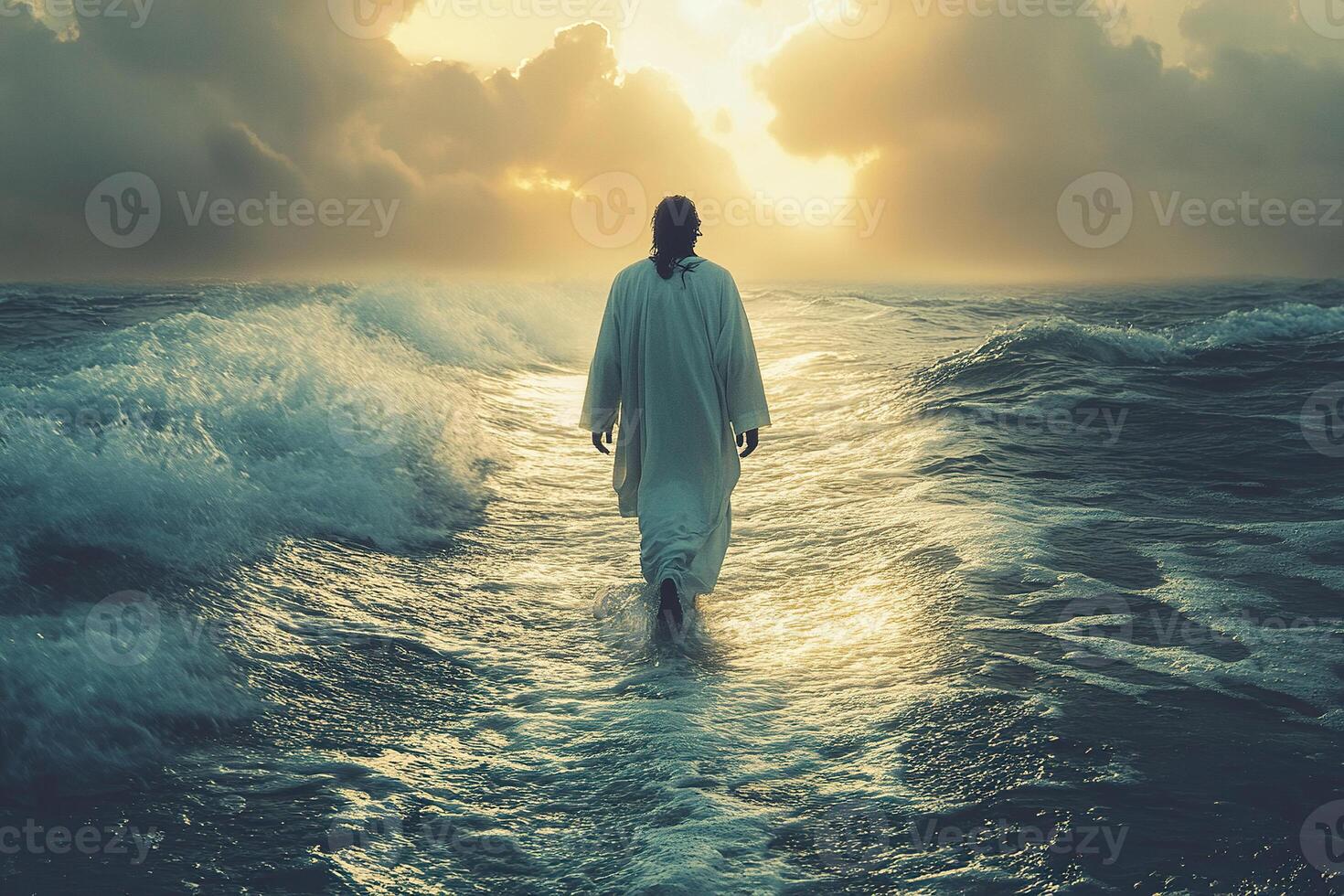Holy image of Jesus Christ walking on water against the background of a cloudy sky. Concept of faith and religion. photo