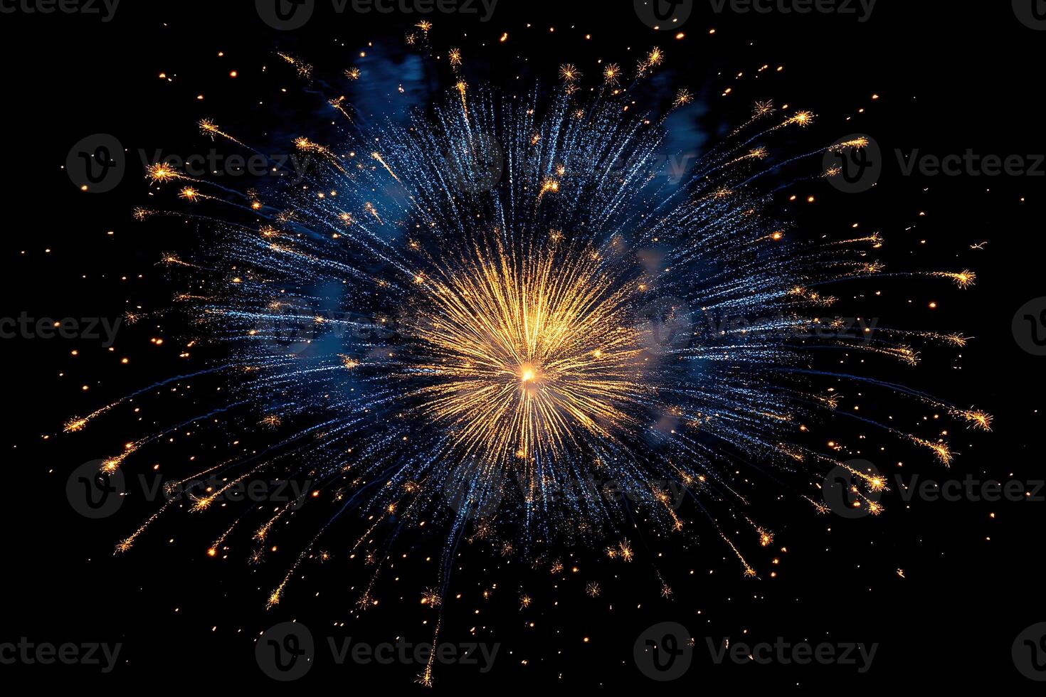 Flower shaped fireworks in gold and blue hues in the night sky. Generated by artificial intelligence photo