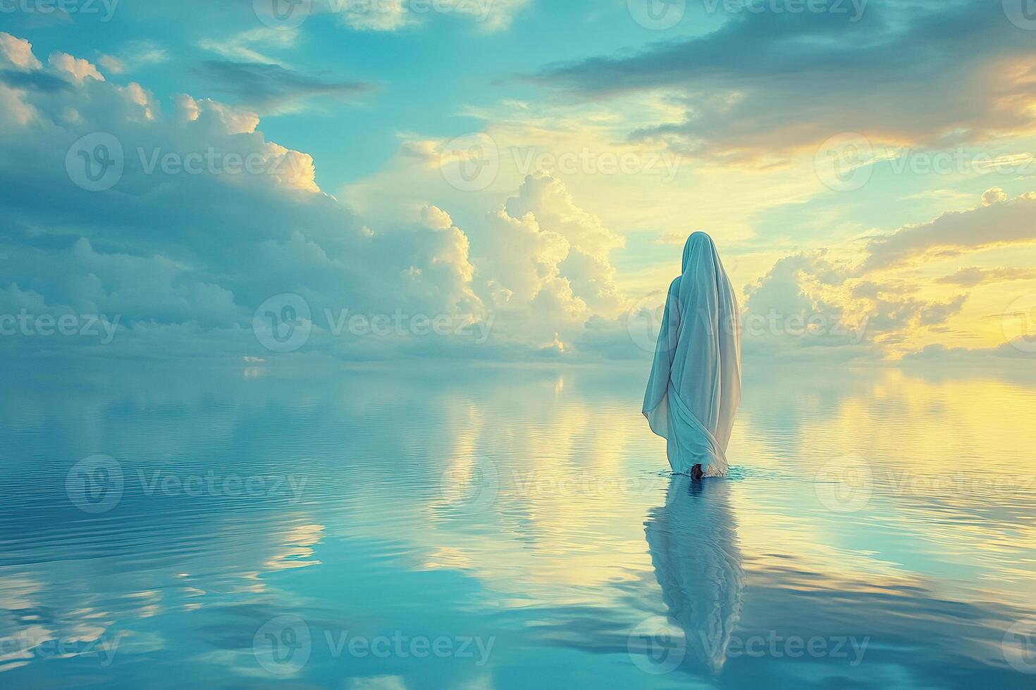 Silhouette of a woman in white clothes with her head covered walking on a calm water surface. Concept of faith and religion. photo