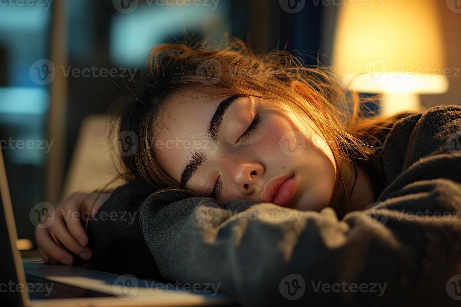 A young attractive student girl fell asleep while working on her laptop. Generated by artificial intelligence photo
