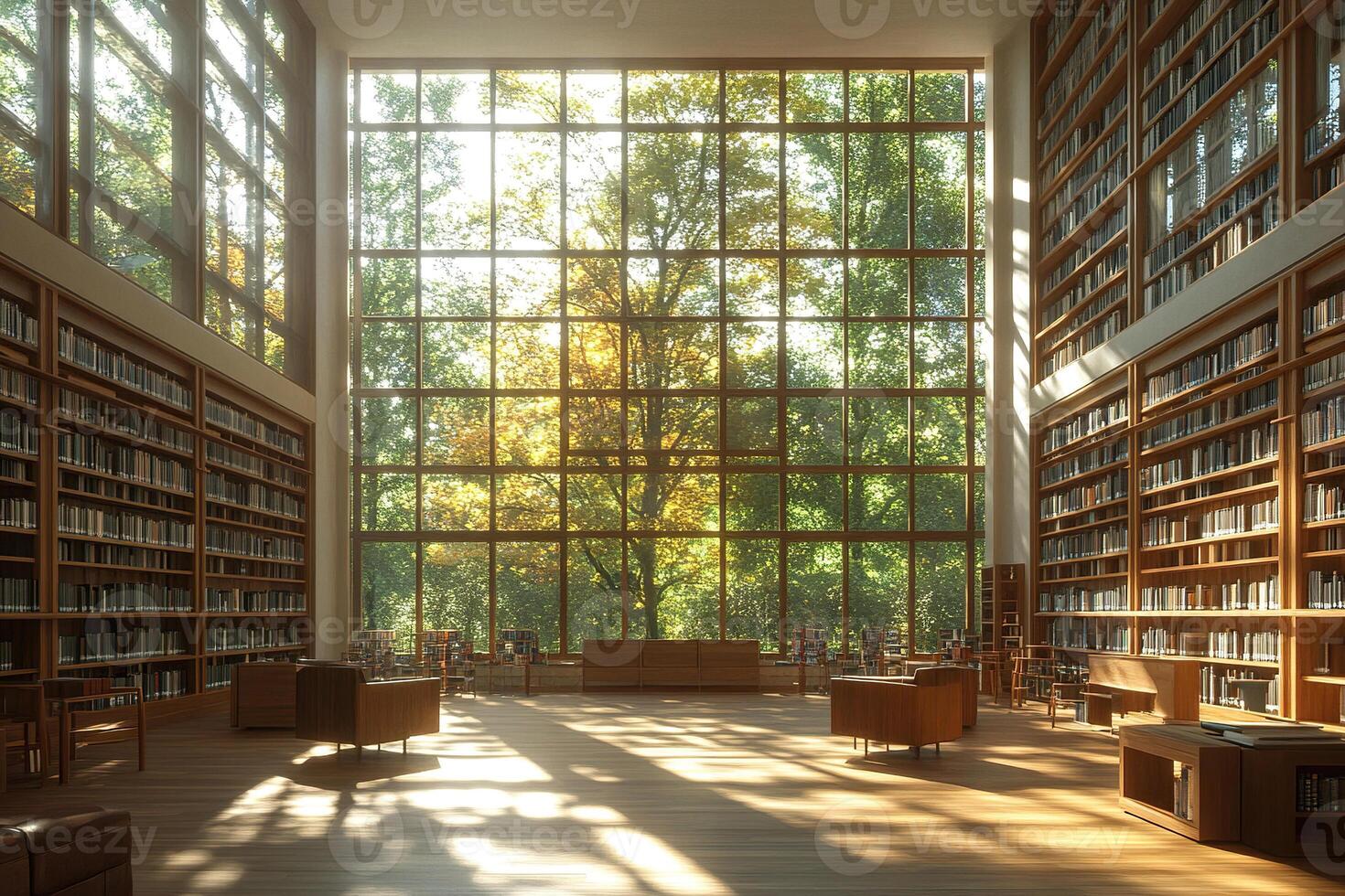 A spacious, bright room with high bookshelves, panoramic windows and a comfortable bean bag chair. Generated by artificial intelligence photo