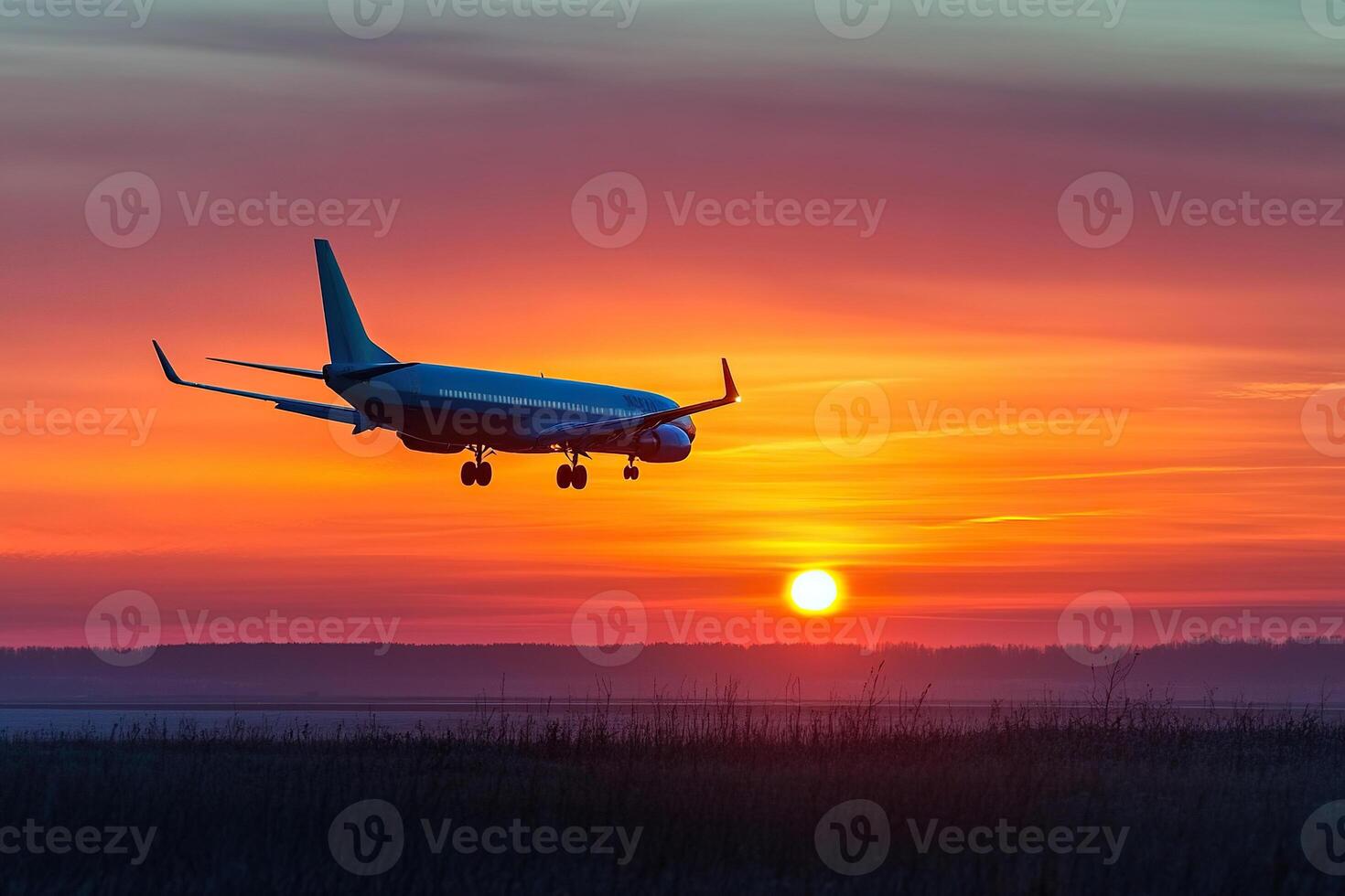 A passenger plane flies low over a field against the backdrop of a beautiful sunset or sunrise. Generated by artificial intelligence photo