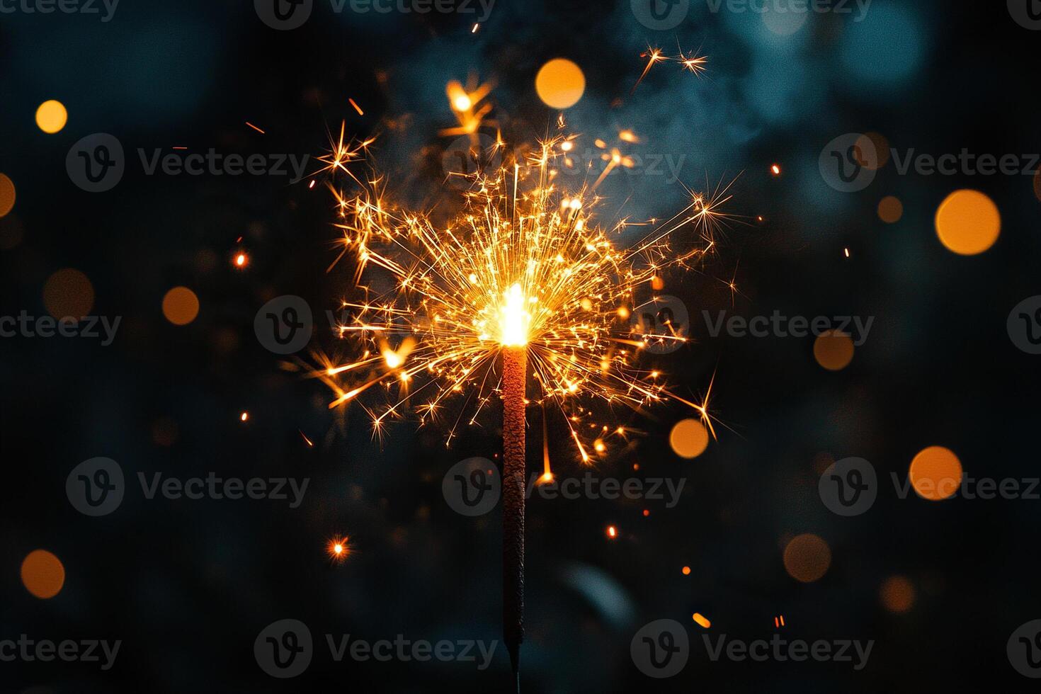 Beautiful sparkling sparkler on dark background with golden bokeh highlights. Generated by artificial intelligence photo