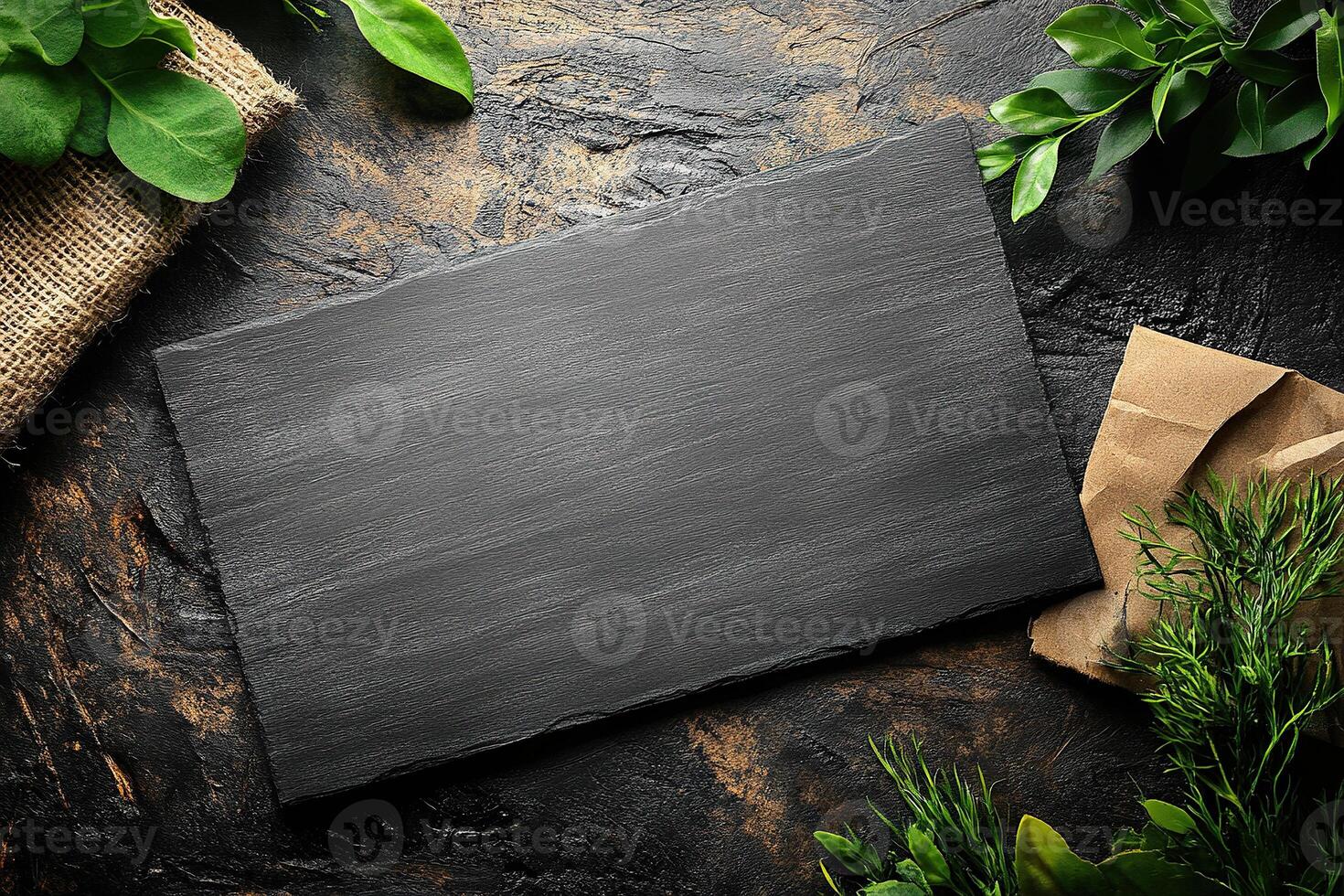 Blank black chalkboard sign on black concrete background with green leaves frame. A plate for text or title. Generated by artificial intelligence photo