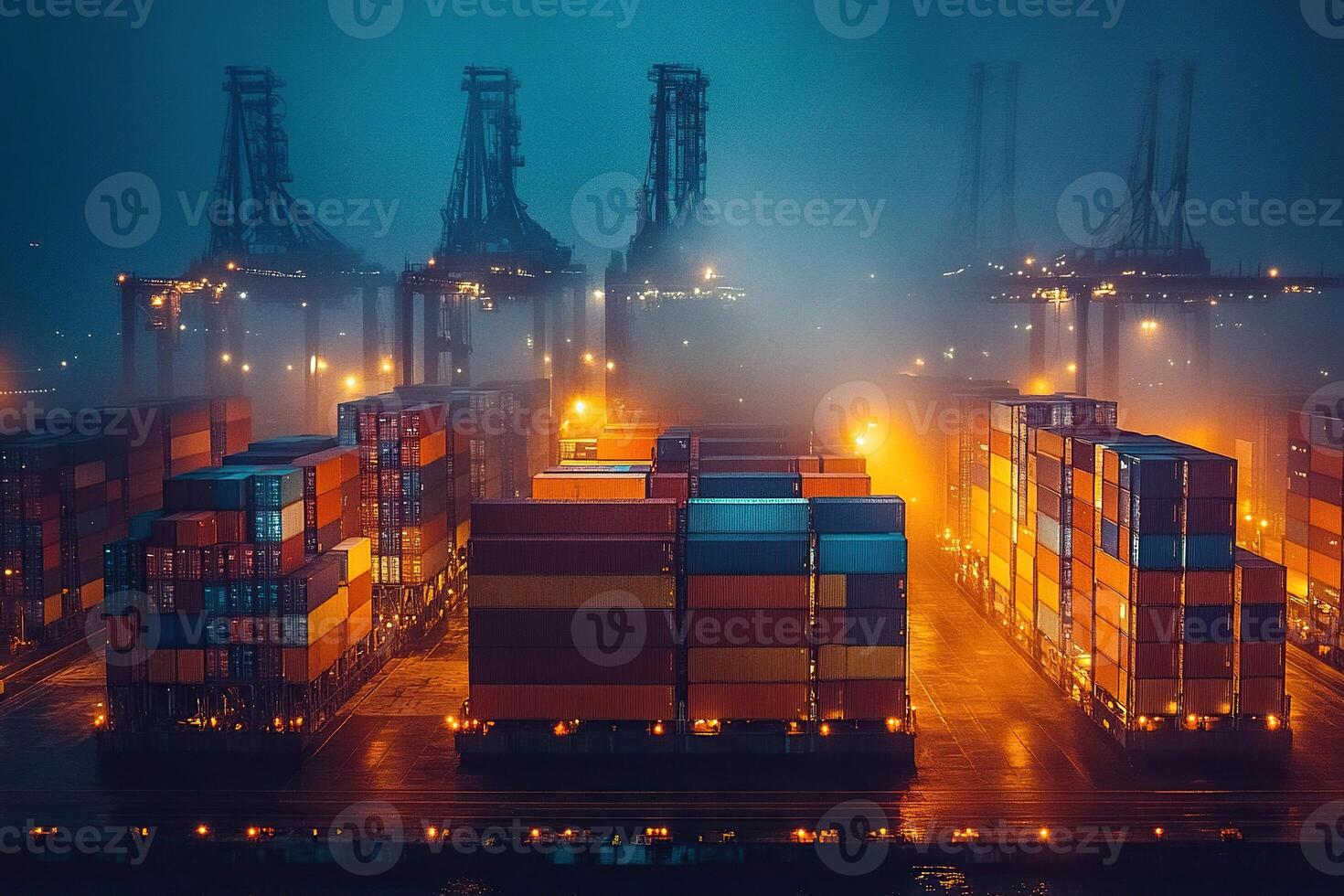 International seaport filled with containers. Many containers standing on top of each other in the port at night. Logistics operations concept. photo