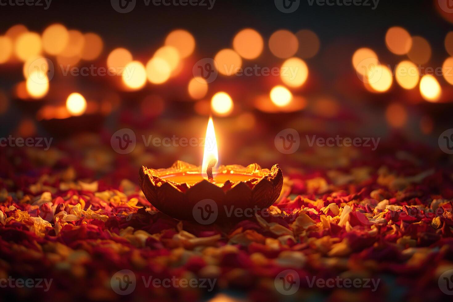 Happy Diwali. A lit candle on flower petals.Traditional symbols of Indian festival of light. Flowers and candles. photo