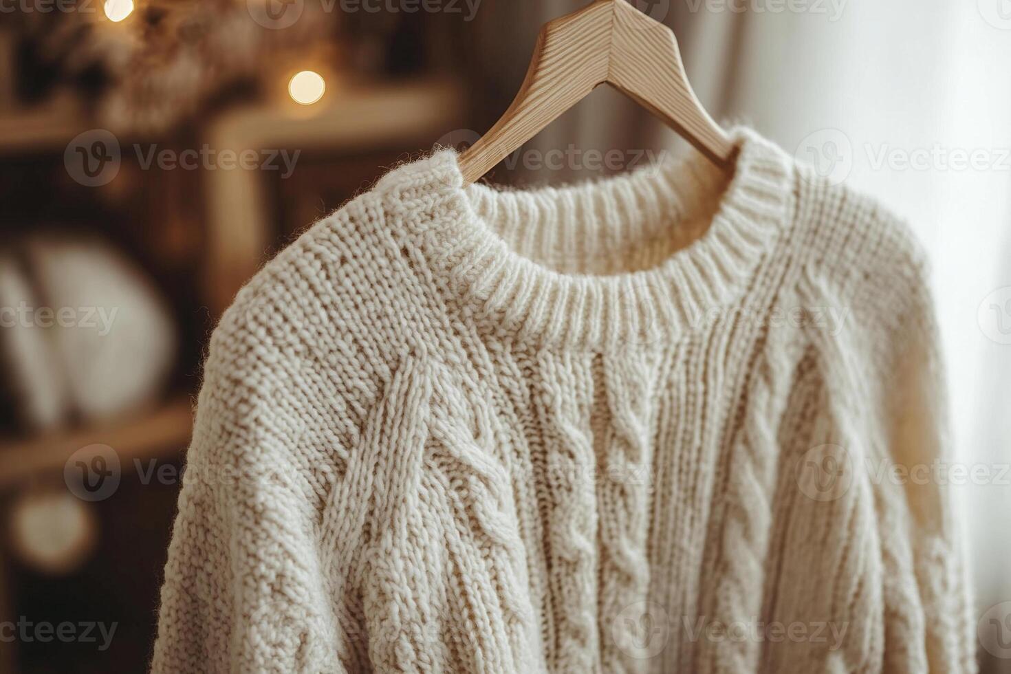 A cozy light brown knitted sweater hangs on a wooden hanger. The concept of warmth and comfort. Generated by artificial intelligence photo