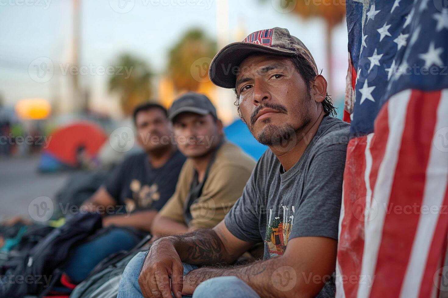 A group of migrants at the border between Mexico and the United States. A Latino man sits near a US flag. photo