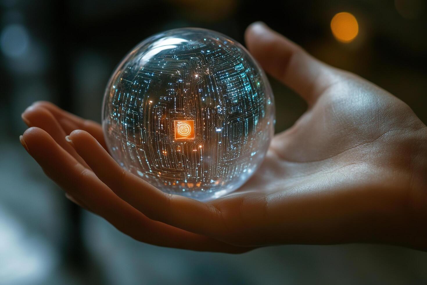Crystal ball with the latest technology in a woman's palm. The concept of artificial intelligence. photo
