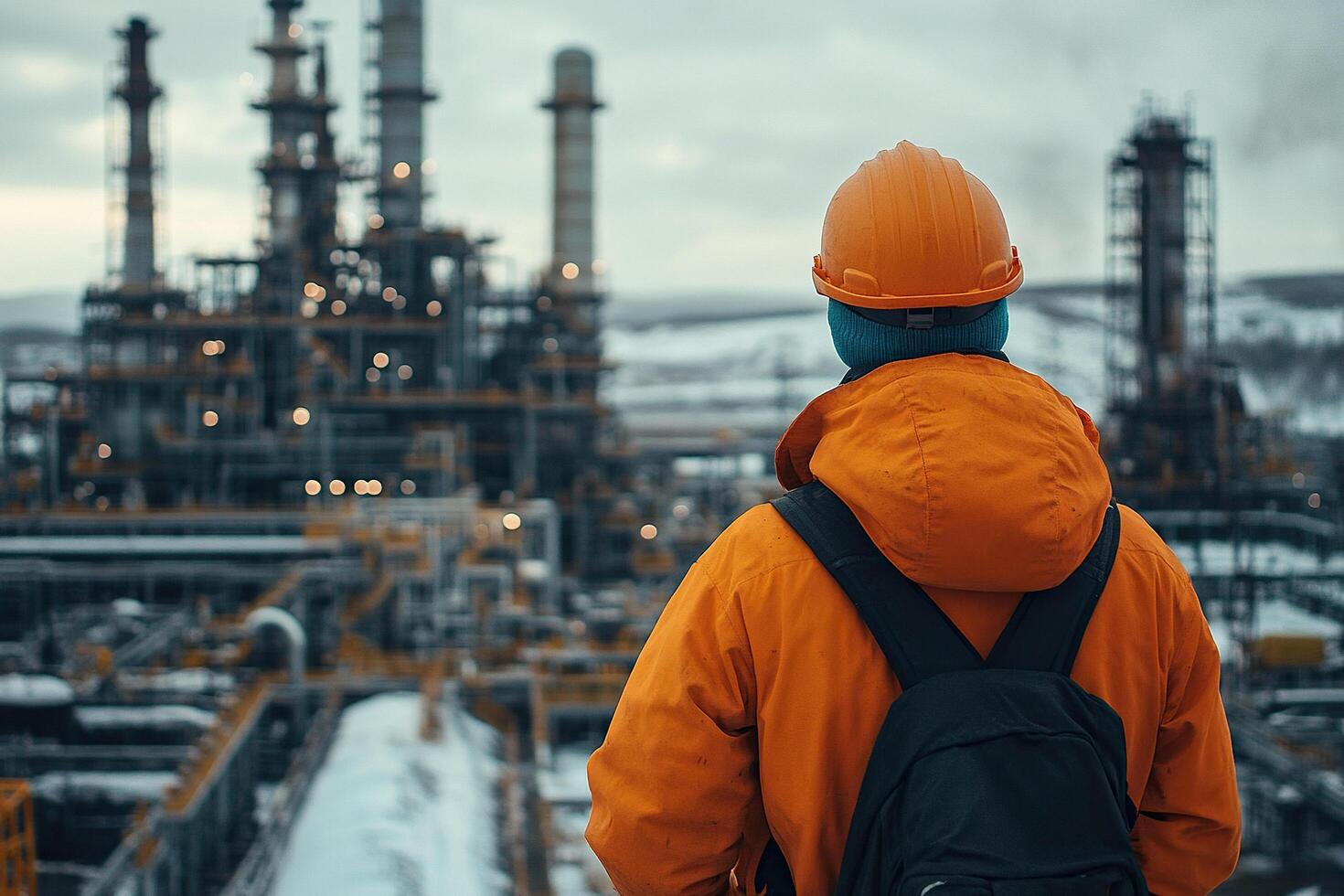 A man in an orange jacket and helmet watches the work of a plant from a height in winter. Industrial enterprise concept. Generated by artificial intelligence photo