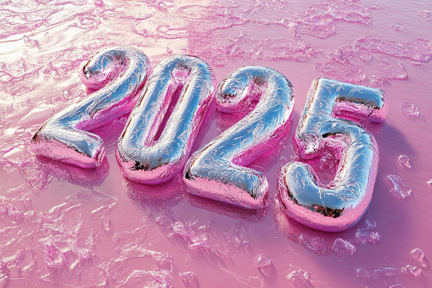 Silver numbers 2025 on pink liquid background. New year 2025 concept. Generated by artificial intelligence photo