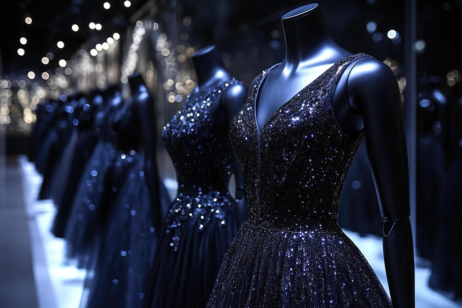 Row of mannequins in black luxury dresses, fashion and style concept. Generated by artificial intelligence photo