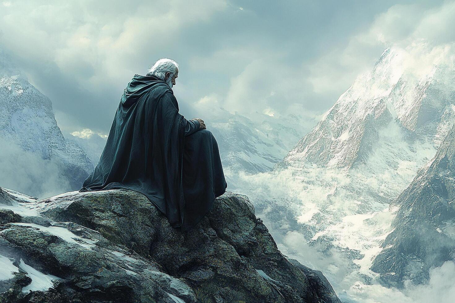 An old man in a cloak on a mountain sits on a large stone. The concept of faith and religion. photo