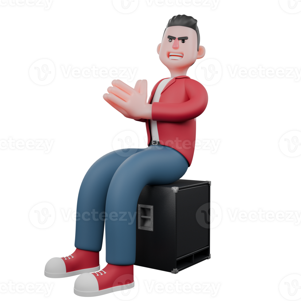3D Music Character Design. A male singer is sitting on a speaker while putting his palms together. Vocal Performer png