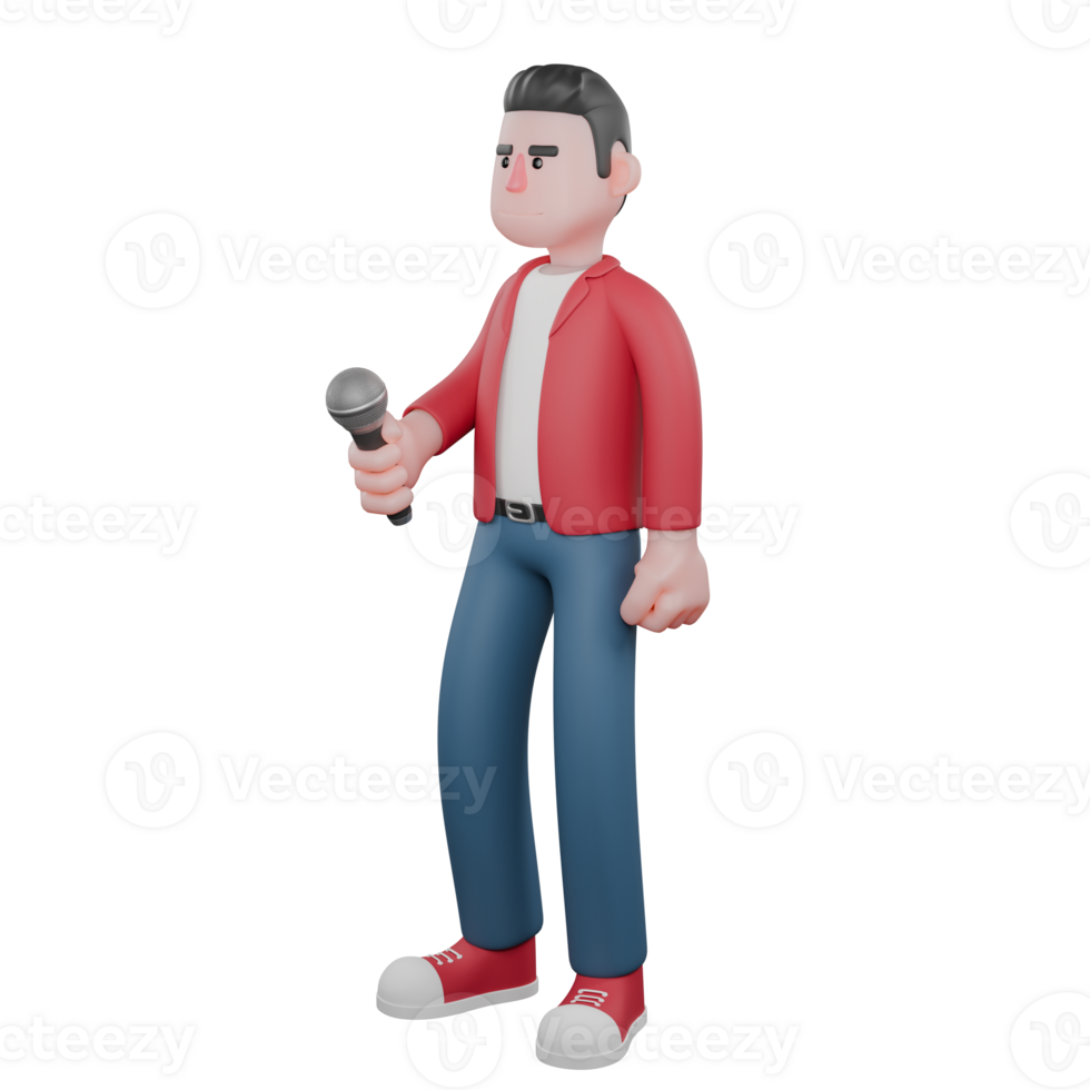 Illustrated 3D Singer. A male singer stands holding a mic in his hand with a nervous expression. Music Performer png