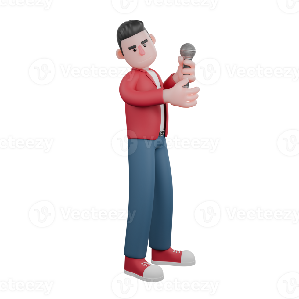 3D Singer Illustrated. A male singer stands holding a microphone in his hand while discussing with others. Music Performer png