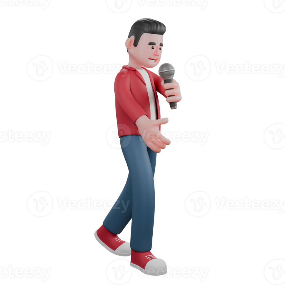 3D Character of Singing Star. A male singer walks holding a mic in his left hand with a happy expression. Music Artist png