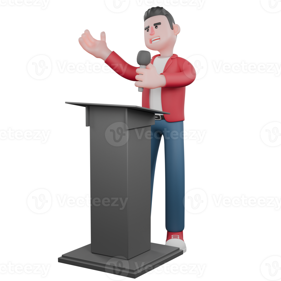 3D Music Star Character. A male singer is standing behind a podium with his right hand raised to the side and his left hand holding a mic. Vocal Artist Design png