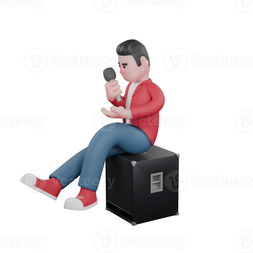 Singing Character in 3D. A male singer sits with a microphone in his hand, looking at the microphone seriously. 3D Vocal Artist png
