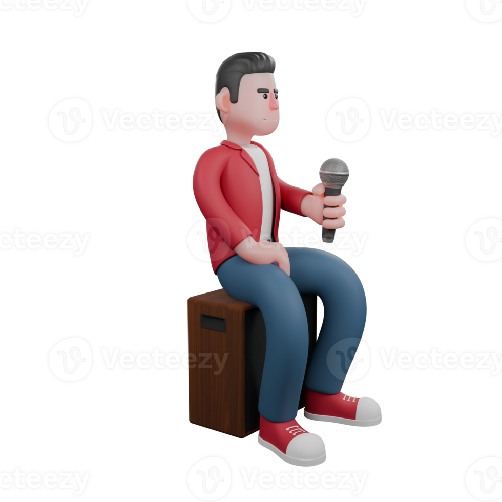 Cartoon Singer in 3D Design. A male singer is sitting at the speaker while holding the mic. Vocal Performer png