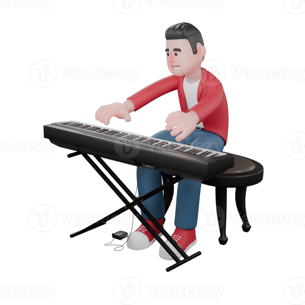 Singing Star 3D Model. A male singer sits behind an organ playing it with a happy expression. 3D Music Icon png