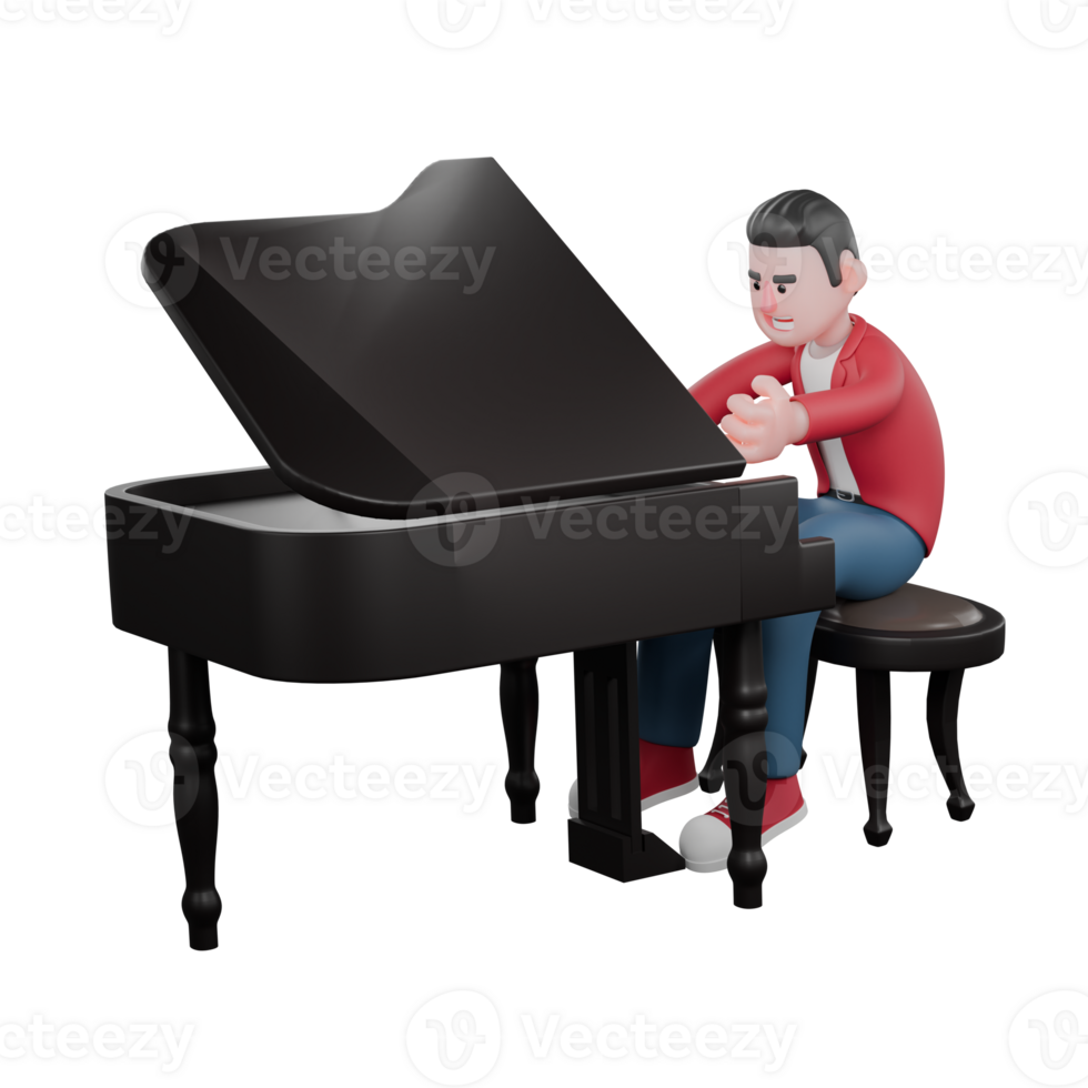 Male Cartoon Musician Model. A male singer sits in front of a grand piano, with his hands folded on the piano and his head slightly tilted forward. Singing Personality png