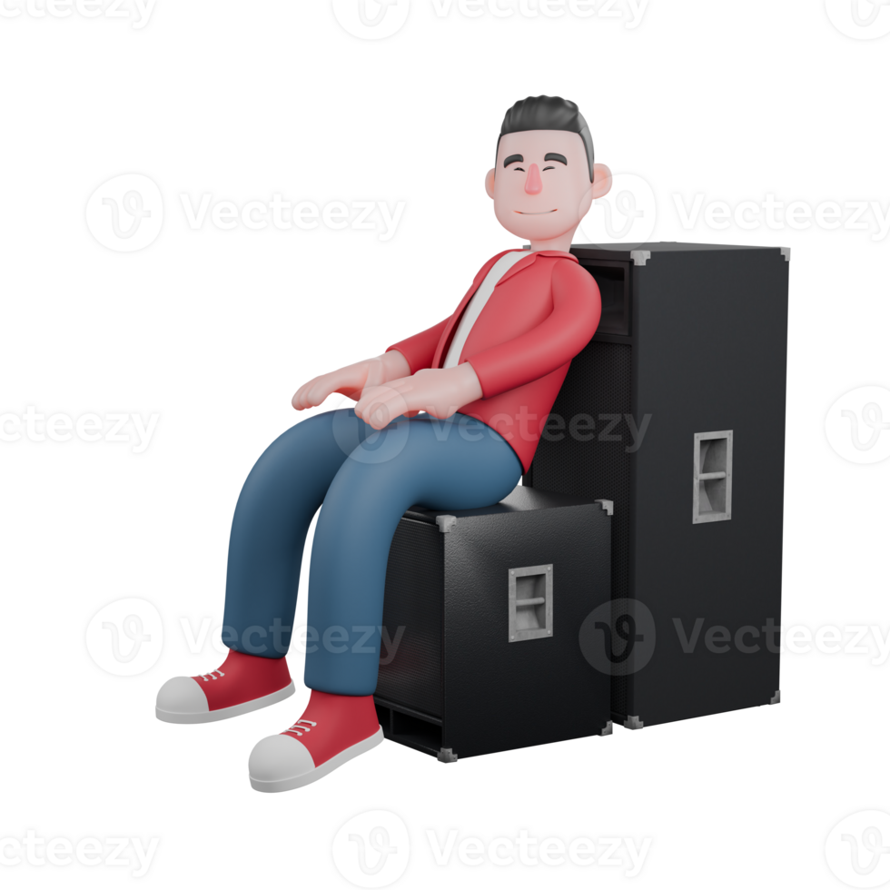 Singing Star 3D Model. A male singer sits on a speaker, his body leaning on a large speaker with his eyes closed and a happy expression. Vocalist Design png