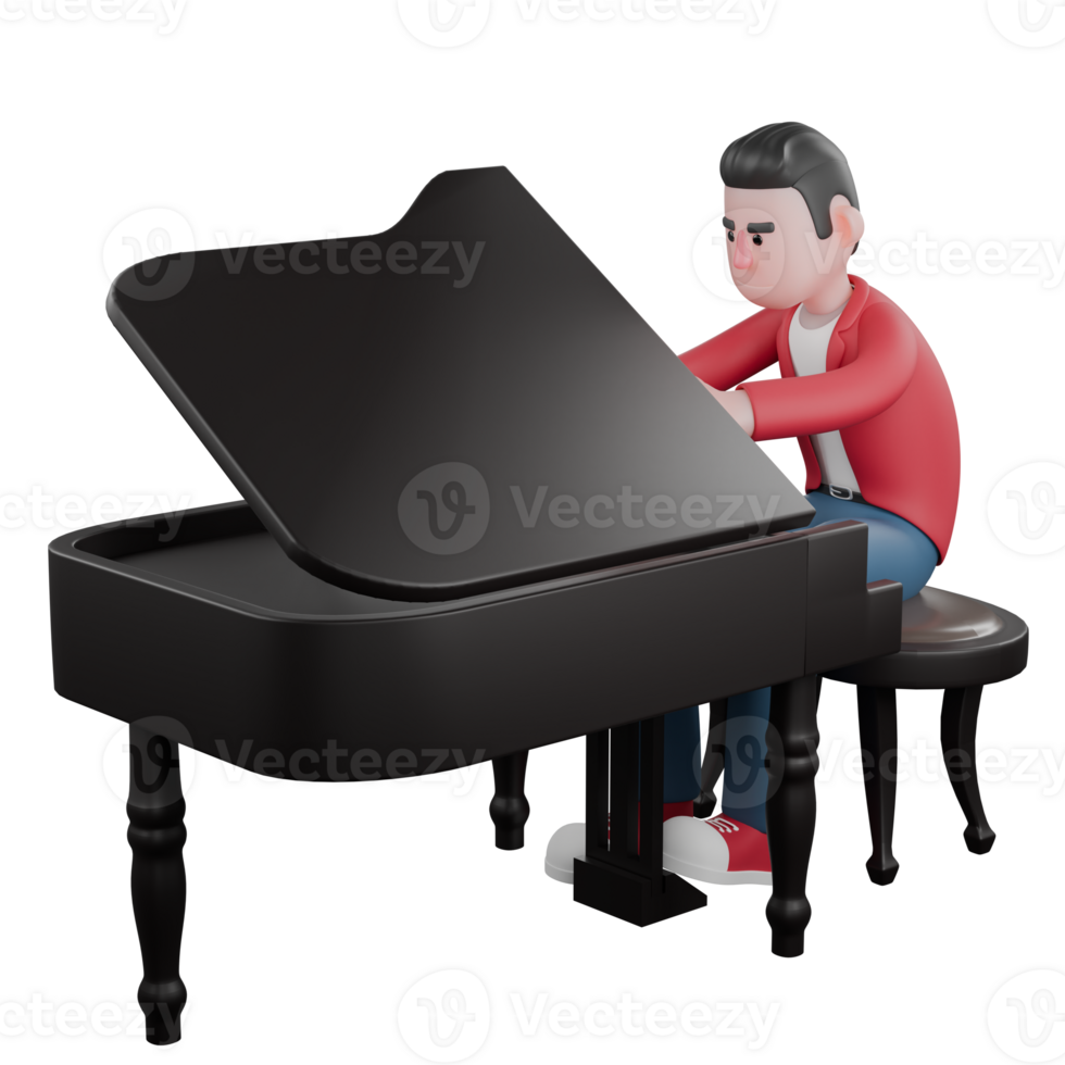 Male Cartoon Musician Model. A male singer sits behind a piano while playing the piano. Entertainment Star png