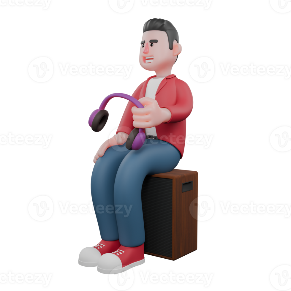 Animated 3D Vocal Artist. A male singer is sitting on a speaker while holding a headphone. Music Performer png
