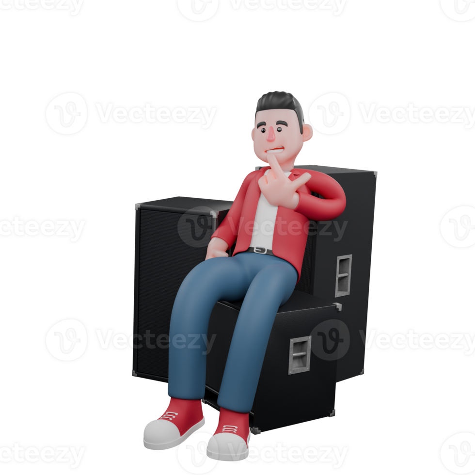 Illustrated Male Vocalist. A male singer is sitting between three rows of speakers while the fingers of his left hand form a gun symbol. Music Personality png
