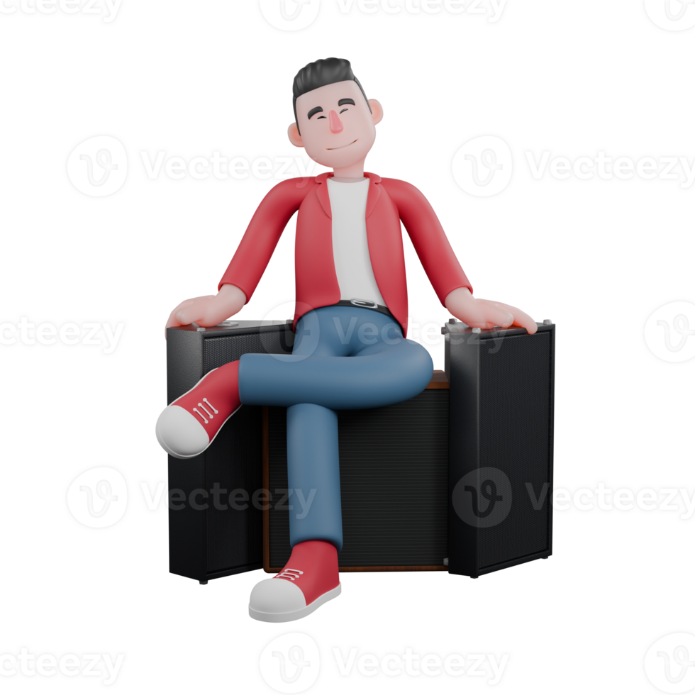 Cartoon 3D Male Singer Character. A male singer sits on a speaker with his eyes closed and a happy expression. 3D Vocal Artist png