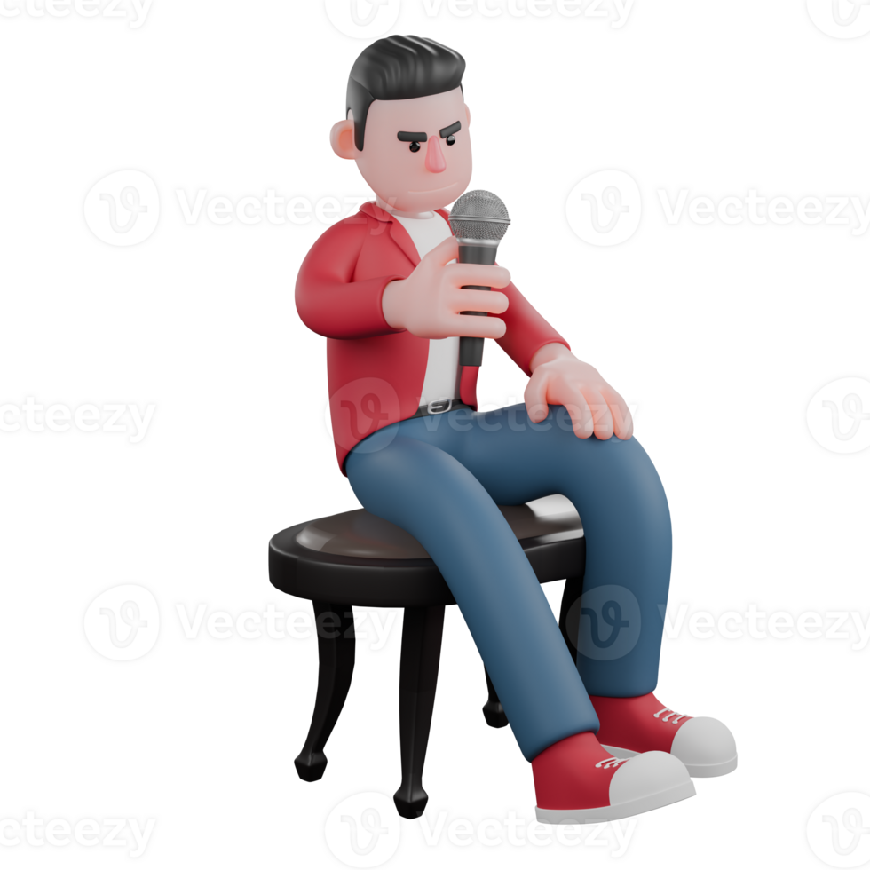 3D Male Singer Model. A male singer sits on a chair with a mic in hand and shows a serious expression. Entertainment Star png
