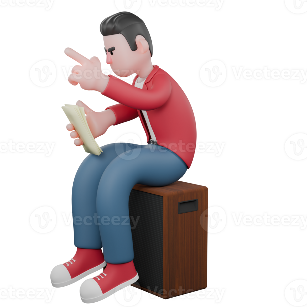 3D Male Vocalist Cartoon Design. A male singer sits on a speaker holding a paper in his right hand and his left hand pointing up. 3D Vocal Artist png