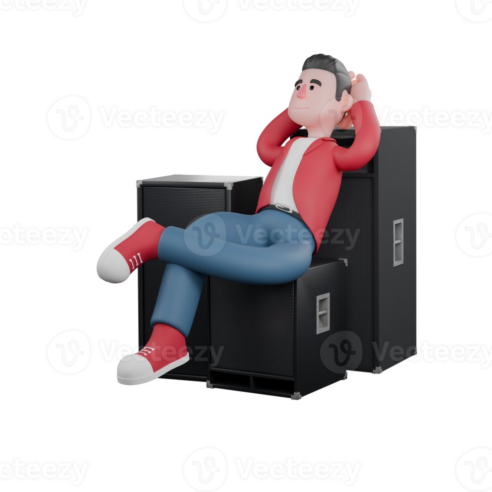 3D Vocal Artist Model. A male singer sits on a speaker with both hands behind his head with a relaxed expression. Entertainment Star png
