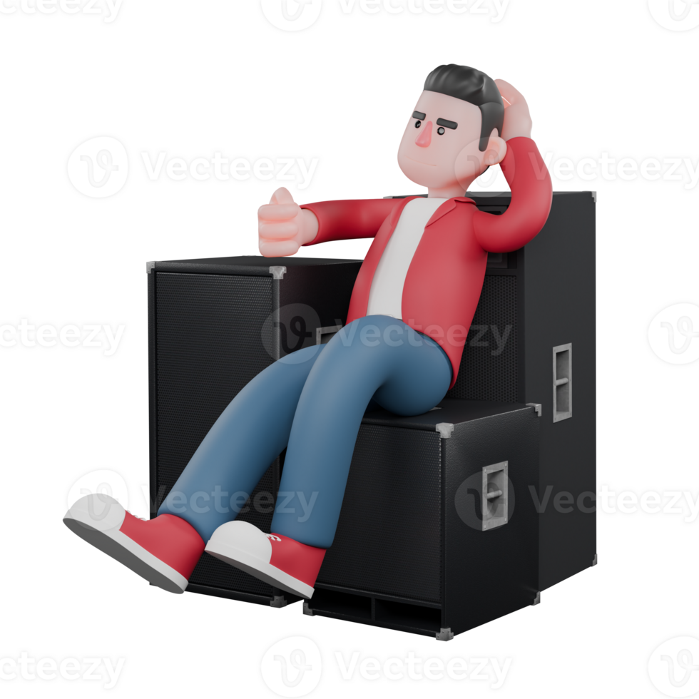 3D Cartoon Singer Model. A male singer is sitting between three rows of speakers while holding his head. 3D Vocal Artist png
