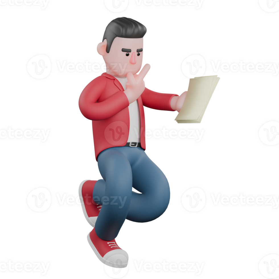 Animated 3D Vocal Artist. A male singer walks while reading a note in his left hand with a thoughtful expression. Entertainment Star png