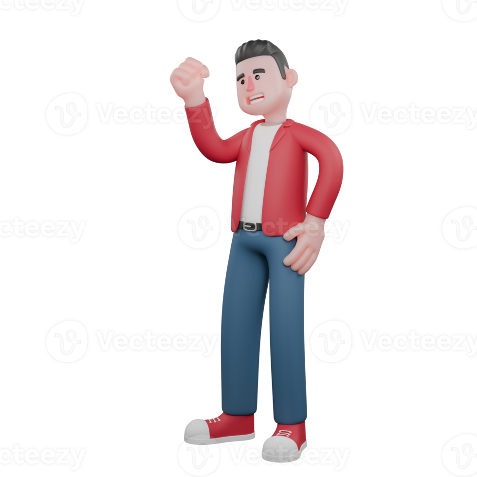3D Character of Cartoon Vocalist. A male singer is standing with his right hand raised and clenched. Singing Performer png